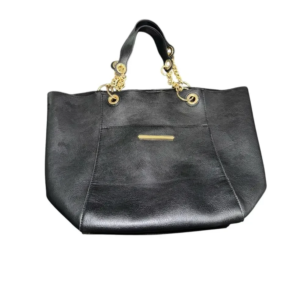 UEC STEVE MADDEN HUGE BLACK LEATHER TOTE GOLD CHAIN BLACK SUEDE INTERIOR - Picture 3 of 13